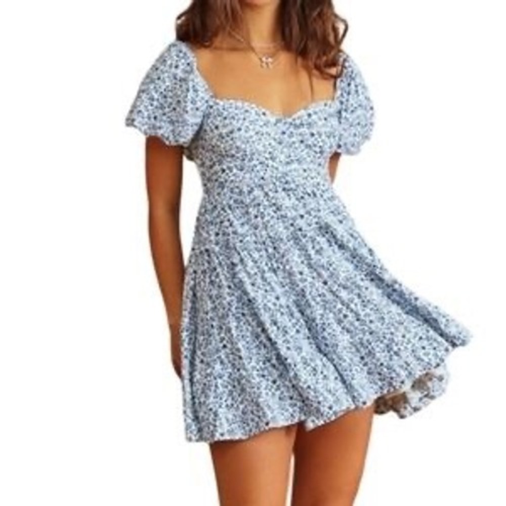 Altar'd State Blue Ditsy Floral Puff Sleeve Tiered Babydoll Mini Dress Large